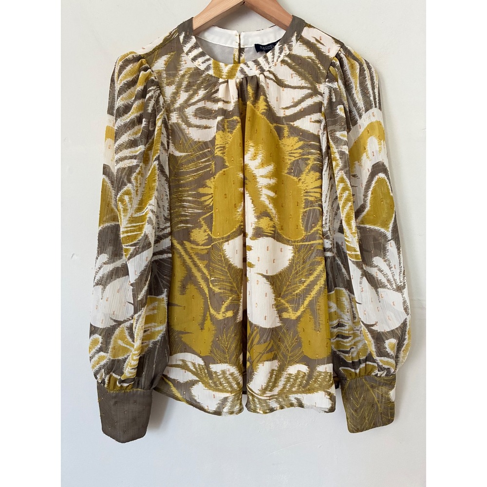 Rachel Zoe Mustard Yellow Green Tropical Floral Puff Sleeves Blouse M Casual
